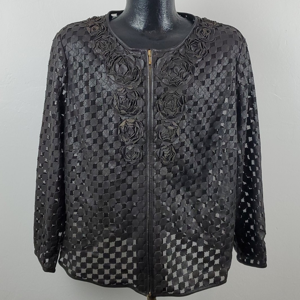 Escada full zipper brown floral detail jacket leather brown women size 46